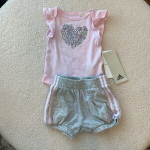 Adidas ruffle sleeve bodysuit, short, set pink
